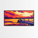 Dockside Sunset, Tranquil Lake Scene, Water Reflection Art, Nature Wall Decor, Framed Canvas Print, Rustic Home Artwork, Boho Style