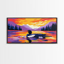 Loon on Lake, Nature Wildlife Art, Tranquil Sunset Scene, Serene Wall Decor, Framed Canvas Print, Cozy Cabin Artwork, Outdoor Theme