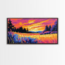 Meadow Sunset, Vibrant Landscape, Nature Wall Art, Rustic Farmhouse Decor, Framed Canvas Print, Warm Home Artwork, Countryside Scene