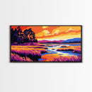 Marshland Sunset, Tranquil Water Scene, Vibrant Nature Art, Rustic Landscape Decor, Framed Canvas Print, Cabin Wall Artwork, Serene Style