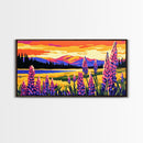 Mountain Meadow, Lupine Flowers, Vibrant Sunset, Framed Canvas Print, Colorful Landscape Art, Nature Wall Decor, Boho Home Art