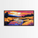 Flowing Stream, Sunset Glow, Nature Wall Art, Vibrant Scenery, Framed Canvas Print, Outdoor Enthusiast Gift, Relaxing Home Decor