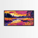 Marshland Sunset, Vibrant Fall Scene, Bold Landscape Print, Warm Color Nature Art, Rustic Cabin Decor, Canvas Print, Office Accent