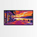 Lakeside Café, Sunset Art, Vibrant Landscape, Waterfront Decor, Modern Impressionism, Cozy Bistro Scene, Warm Tones, Canvas Print