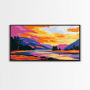 Serene River, Colorful Mountain Scene, Nature Wall Art, Framed Canvas Print, Relaxing Art, Bedroom Wall Decor, Sunset Painting
