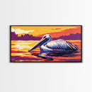 Pelican, Water Reflection, Framed Canvas Print, Coastal Wildlife Wall Art, Beach House Decor, Vibrant Animal Painting, Nature Art