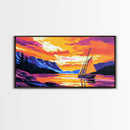Sailboat at Sunset, Tranquil Waters, Mountain Lake, Canvas Print, Nautical Decor, Ocean Wall Art, Living Room Painting, Vibrant Colors