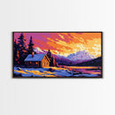 Mountain Cabin, Snowy Retreat, Cozy Lodge, Vibrant Sunset, Nature Art, Rustic Home Aesthetic, Living Room or Bedroom, Canvas Print