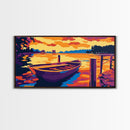 Wooden Boat, Serene Water Landscape, Calm Lake Scene, Vibrant Sunset Art, Framed Canvas Print, Living Room Wall Decor, Rustic Home Style