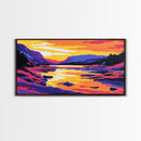 Serene River, Vibrant Sunset, Nature Artwork, Mountain View, Colorful Wall Art, Rustic Home, Living Room, Canvas Print