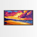 Beach, Ocean, Sunset, Framed Canvas Print, Coastal Wall Art, Seascape Painting, Vibrant Beach Scene, Relaxing Decor, Bedroom Art