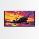 Shipwreck Sunset, Seascape Nautical, Framed Canvas Print, Vibrant Ocean Wall Art, Beach House Art, Nautical Art, Living Room Wall Art