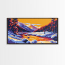 Snowy Mountains, River Sunset, Framed Canvas Print, Winter Landscape Art, Alpine Lodge Decor, Colorful Nature Art, Office Wall Art