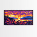 Campfire Glow, Cozy Autumn Night, Vibrant Outdoor Art, Warm Fire Scene, Framed Canvas Print, Living Room Decor, Rustic Cabin Artwork