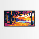 Tropical Beach, Sunset Waves, Palm Tree Art, Coastal Wall Art, Beach House Decor, Framed Canvas Print, Colorful Ocean Painting