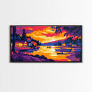 Cabin Sunset, Cozy Lakeside Scene, Peaceful Evening Retreat, Vibrant Nature Art, Framed Canvas Print, Bedroom Wall Decor, Rustic Home Style