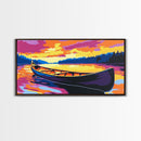 Canoe on Lake, Serene Water Reflection, Vibrant Sunset Art, Nature Scene, Framed Canvas Print, Living Room Decor, Cabin Wall Artwork