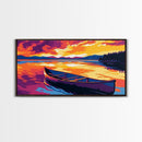 Canoe Sunset Lake, Reflection, Nature, Framed Canvas Print, Wall Art, Vibrant Landscape, Cabin Decor, Rustic Home, Outdoor Adventure