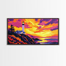 Lighthouse, Coastal Sunset, Ocean View, Nautical Wall Art, Framed Canvas Print, Beach House Decor, Seaside Painting, Vibrant Art