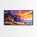 Cliffs, Coastal Painting, Sunset Beach, Ocean Wall Art, Framed Canvas Print, Seaside Home, Vibrant Landscape, Boho Coastal Decor