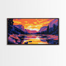 Mountain Reflection, Serene Lake, Warm Sunset, Framed Canvas Print, Bedroom Wall Art, Fall Colors, Nature Scene, Vibrant Home Decor