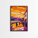 Sunset Village, Walkway, Framed Canvas Print, Mediterranean Street Art, Colorful Cityscape, Urban Wall Decor, Warm Tones
