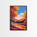 Autumn Forest View, Framed Canvas Print, Vibrant Fall Landscape, Cozy Nature Art, Warm Tones, Rustic Home Decor, Living Room Artwork