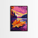 Floating Leaf, Autumn Lake Art, Seasonal Landscape, Warm Fall Colors, Canvas Print, Cozy Home Decor, Thanksgiving Wall Art