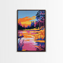 Forest Twilight, Golden Hour Reflection, Tranquil Landscape, Nature Serenity, Framed Canvas Print, Cozy Cabin Decor, Fall Art