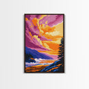 Ocean Cliff, Coastal Sunset, Wave Art, Canvas Print, Colorful Nature Painting, Beach House Decor, Boho Wall Art, Seaside Retreat