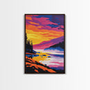 River Sunset, Misty Mountain, Tranquil Landscape, Framed Canvas Print, Nature Wall Art, Vibrant Painting, Home Office Decor, Cabin Gift