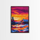 Sunset Cabin, Cozy Retreat, Rustic Nature, Framed Canvas Print, Winter Wall Art, Log Cabin Scene, Sunset Painting, Warm Color Decor