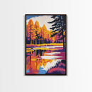 Tranquil Lake, Sunset Serenity, Dreamy Landscape, Bold Contrast, Framed Canvas Print, Cabin Decor, Cozy Retreat, Wall Art