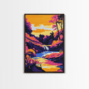 Waterfall Serenity, Vibrant Landscape, Sunset Glow, Nature Wall Art, Framed Canvas Print, Living Room Decor, Bold Colors