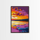 Twilight Reflection, Serene Water Art, Vibrant Sunset Print, Framed Canvas Print, Living Room Wall Decor, Boho Style Art, Relaxing Artwork