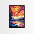 Sunset Lake, Landscape Painting, Autumn Art, Nature Wall Decor, Framed Canvas Print, Vibrant Mountain Scene, Living Room Wall Art