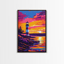 Lighthouse, Sunset, Coastal, Seascape, Framed Canvas Print, Nautical Decor, Beach House Wall Art, Vibrant Ocean Painting, Living Room Art