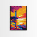 Lighthouse, Reflection, Ocean, Sunset, Framed Canvas Print, Nautical Decor, Beach House Wall Art, Coastal Scene, Bright Wall Art