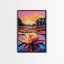 Water Lily, Sunset, Pond, Nature, Framed Canvas Print, Botanical Wall Art, Floral Painting, Bedroom Art, Serene Watercolor Vibes