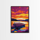 Dock, Lake, Boat, Sunset, Framed Canvas Print, Nautical Wall Art, Relaxing Lake House Decor, Living Room Art, Tranquil Scenic Painting