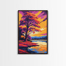 Autumn Tree, Vibrant Colors, Sunset Reflection, Framed Canvas Print, Fall Wall Art, Living Room Decor, Nature Art, Bold Landscape Painting