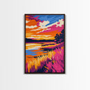 Golden Field, Sunset Glow, Autumn Landscape, Framed Canvas Print, Rustic Wall Art, Nature Painting, Living Room Decor, Warm Color Palette