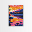 Mountain Lake, Sunset Sky, Nature Reflection, Framed Canvas Print, Cabin Decor, Bold Landscape Painting, Vibrant Scenic Artwork