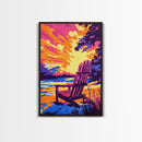 Adirondack Chair, Sunset Lake, Relaxing Art, Vacation Vibes, Framed Canvas Print, Outdoor Decor, Summer Wall Art, Nature Painting