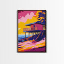 Coastal Cabin, Beach House Art, Ocean Sunset, Seaside View, Framed Canvas Print, Living Room Decor, Summer Landscape, Boho Wall Art