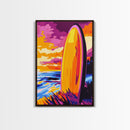 Surfboard Sunset, Vibrant Beach, Framed Canvas Print, Coastal Wall Art, Boho Decor, Large Artwork, Bedroom Art, Modern Painting, Gift Idea