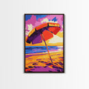Beach Umbrella, Coastal Decor, Ocean Sunset, Relaxing Beach, Framed Canvas Print, Tropical Art, Vacation Vibes, Bedroom Wall Art