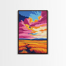 Golden Field, Sunset Sky, Framed Canvas Print, Warm Landscape Art, Country Home Decor, Colorful Painting, Cozy Aesthetic, Dining Room Art