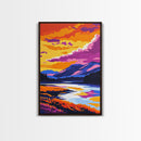 River, Sunset Glow, Serene Nature, Framed Canvas Print, Vibrant Landscape, Rustic Wall Decor, Home Office Art, Mountain Retreat Decor