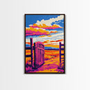 Open Gate, Rustic Sunset, Country Landscape, Farmhouse Decor, Western Wall Art, Boho Art, Warm Tones, Framed Canvas Print, Living Room